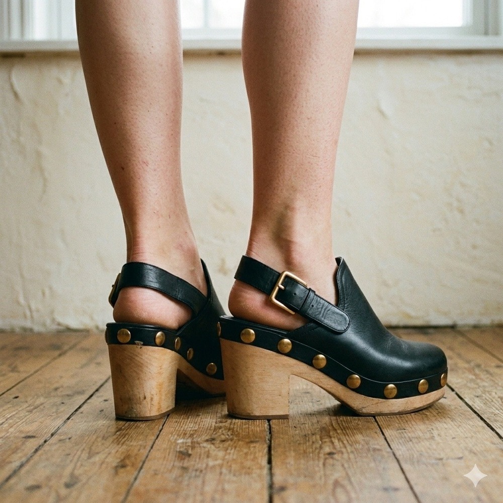 Charlotte Stone Black Leather Studded Wooden Clogs